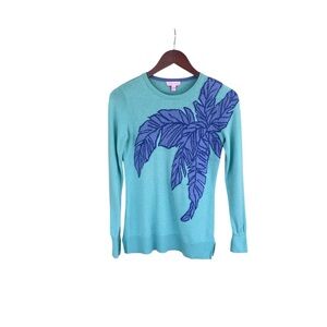 Lilly Pulitzer Blue Green Sweater Palm Leaf Intarsia Knit Medium Wool Blend
